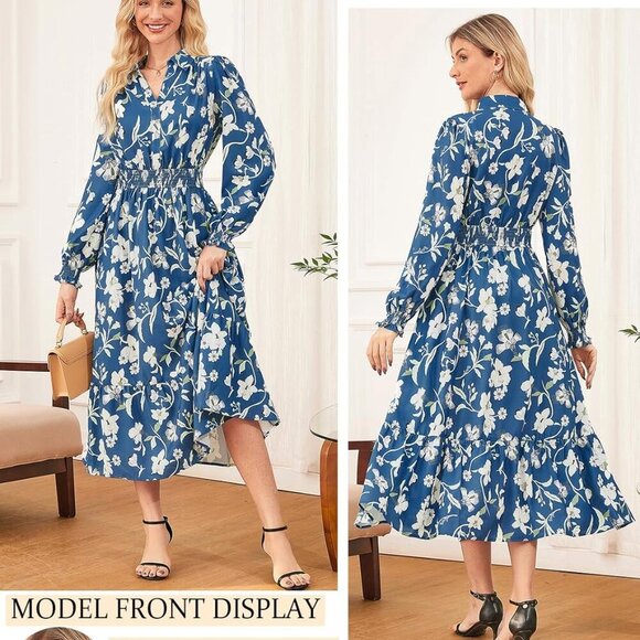 Women's Floral Midi Dress Long Sleeve V-Neck A-Line Pockets Casual Fall - Picture 2 of 5